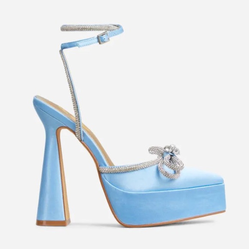 BNIB Blue Satin Rhinestone Bow Platform Pumps Heels, Fits Like a 9.5